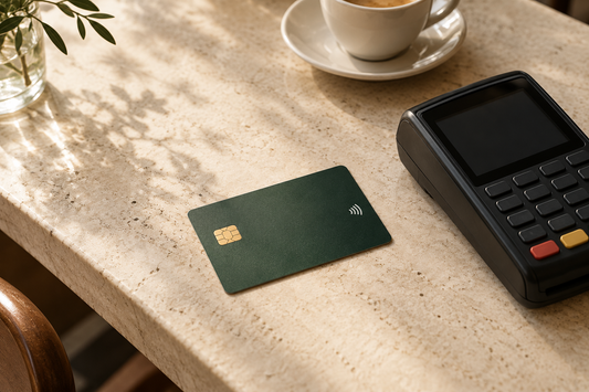 A green contactless payment card beside a payment terminal on a stone café counter.