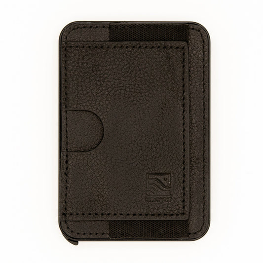 A black MagSafe leather wallet with a pop-up mechanism, featuring RFID protection and designed for card storage.