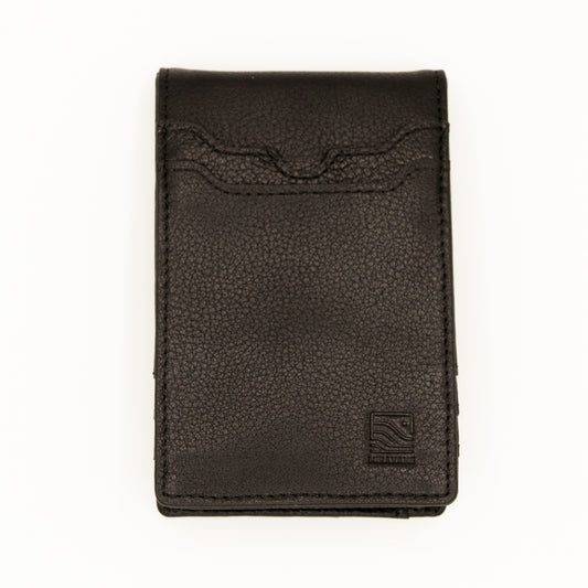 A bifold wallet made from black full-grain leather, featuring card slots and a money clip.
